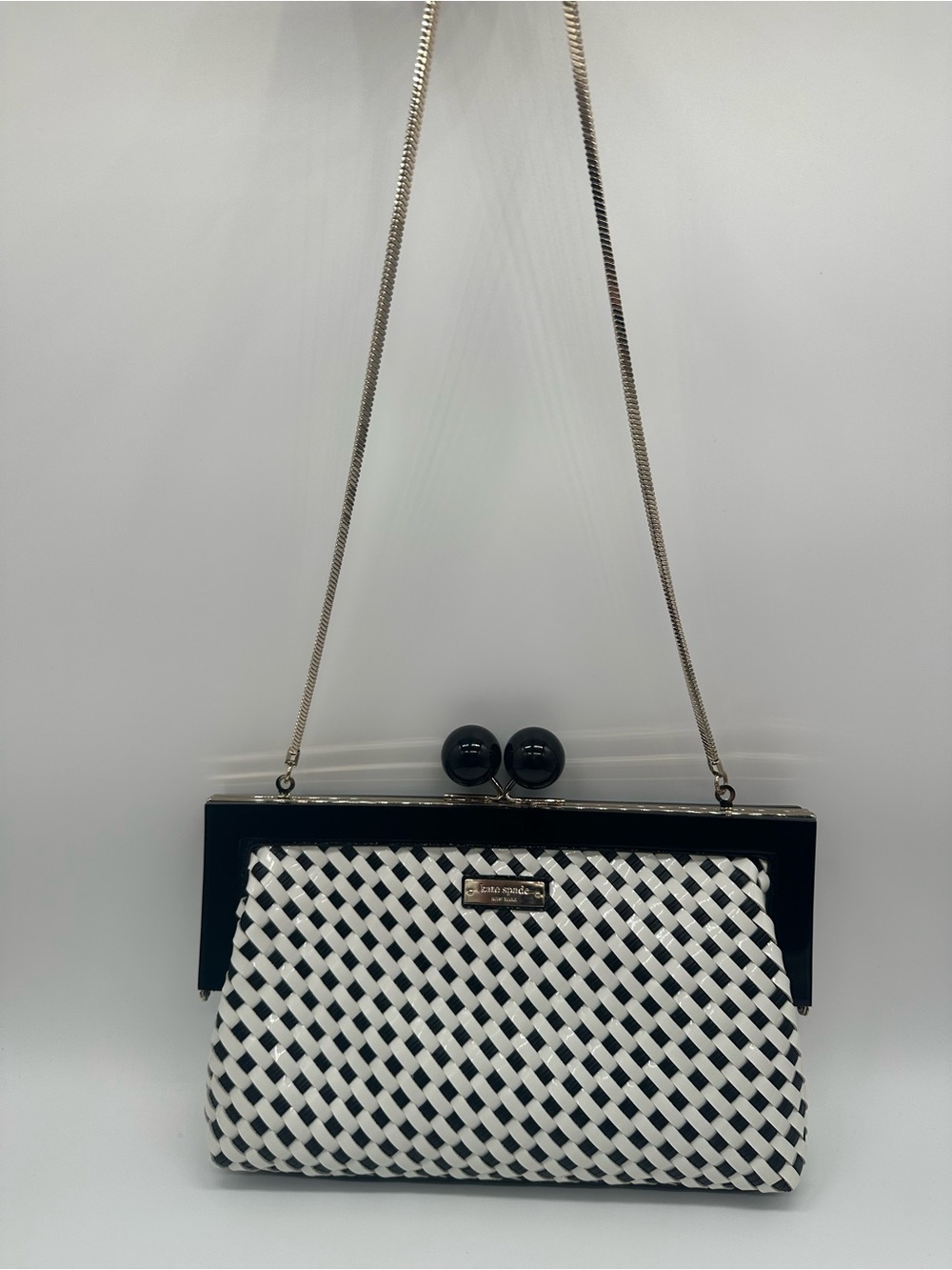 kate spade Black and White Woven Frame Clutch with Chain